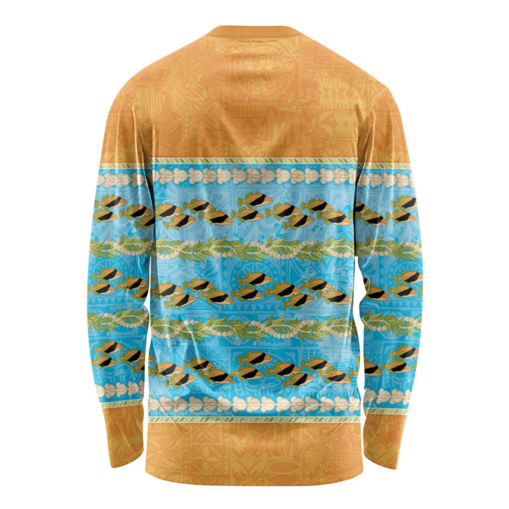 Hawaii Humuhumu Fish Maile Pikake Lei Long Sleeve Shirt Tribal Tapa Orange Version