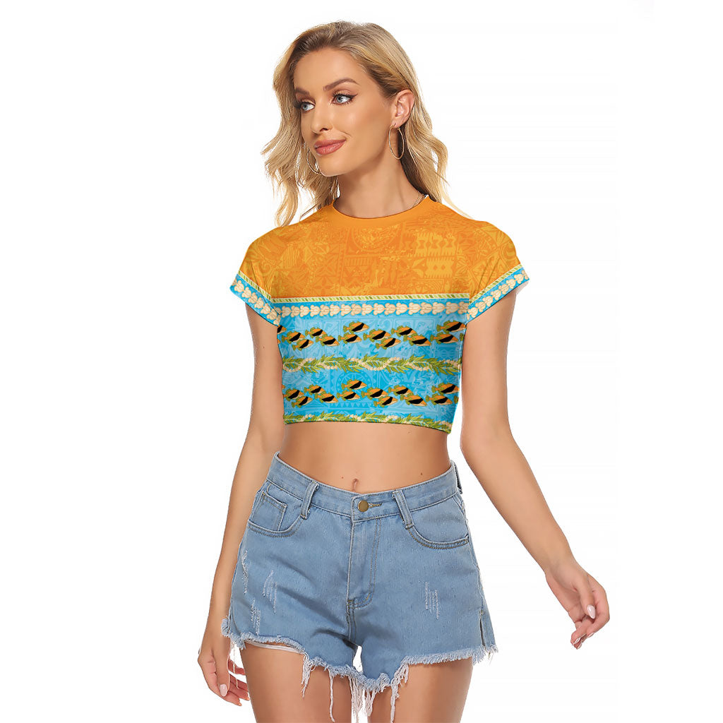 Hawaii Humuhumu Fish Maile Pikake Lei Raglan Cropped T Shirt Tribal Tapa Orange Version