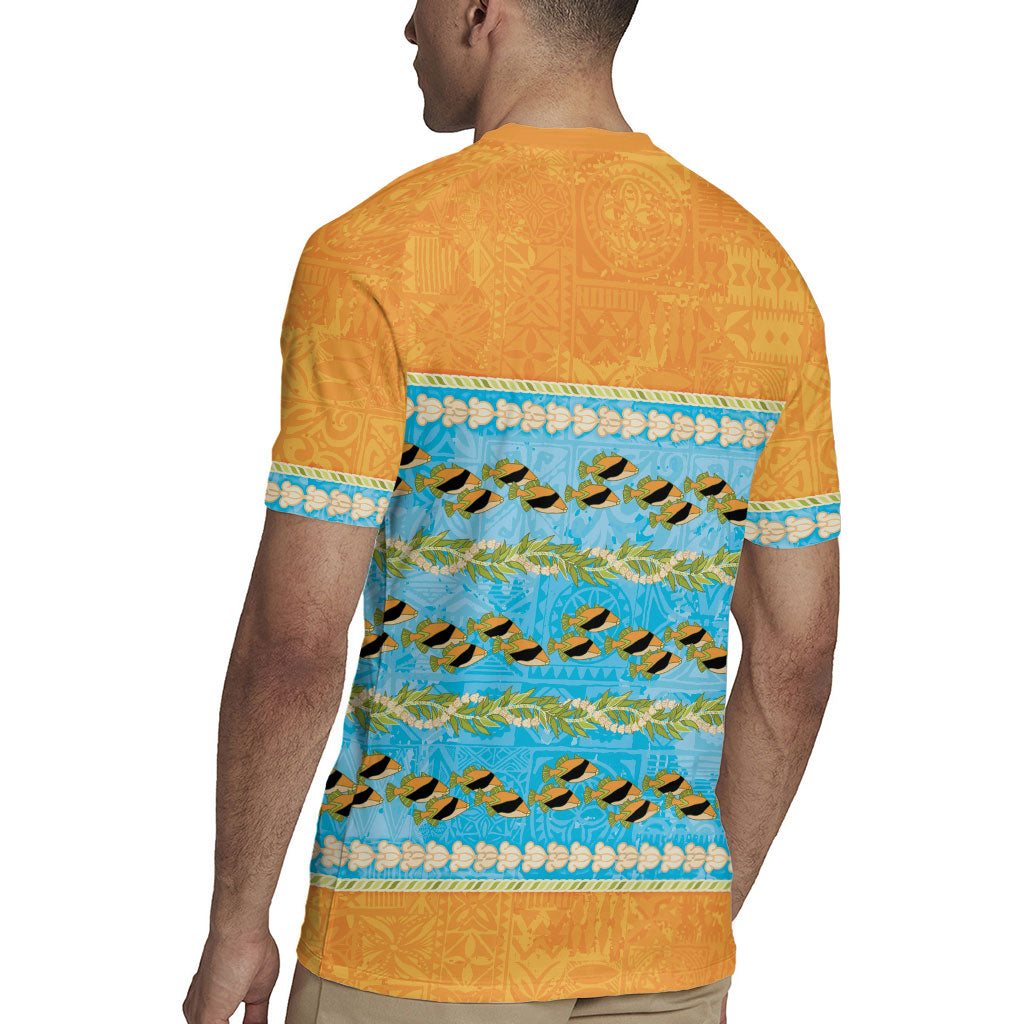 Hawaii Humuhumu Fish Maile Pikake Lei Rugby Jersey Tribal Tapa Orange Version
