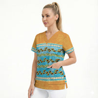 Hawaii Humuhumu Fish Maile Pikake Lei Scrub Top Tribal Tapa Orange Version