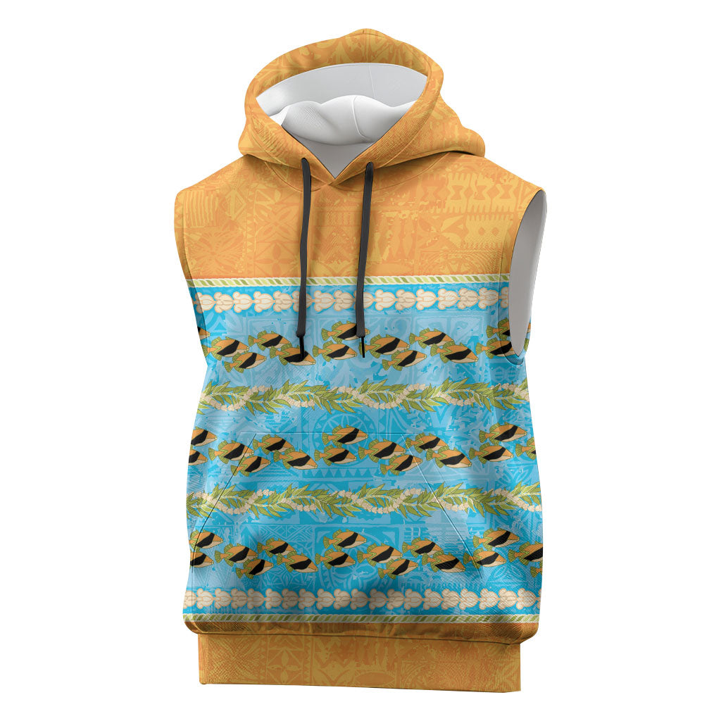 Hawaii Humuhumu Fish Maile Pikake Lei Sleeveless Hoodie Tribal Tapa Orange Version