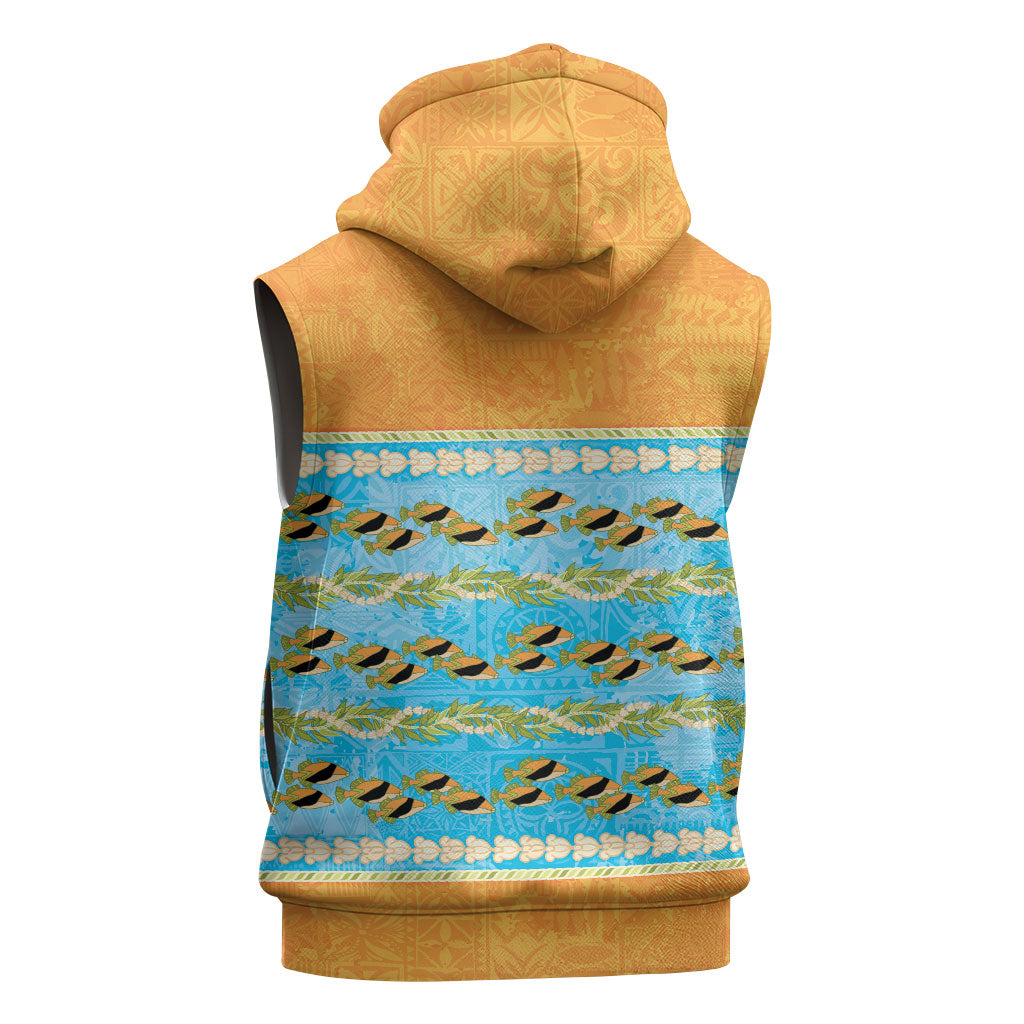 Hawaii Humuhumu Fish Maile Pikake Lei Sleeveless Hoodie Tribal Tapa Orange Version