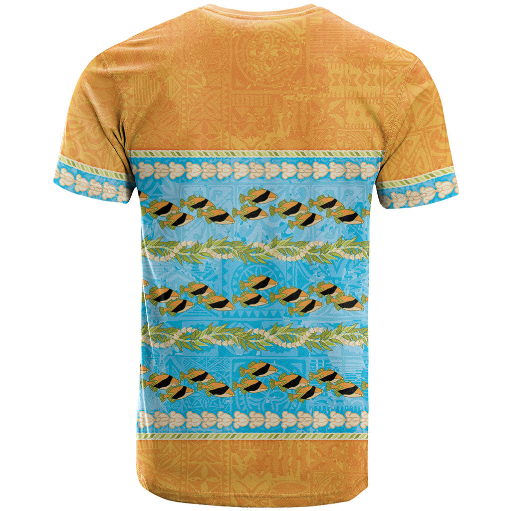 Hawaii Humuhumu Fish Maile Pikake Lei T Shirt Tribal Tapa Orange Version
