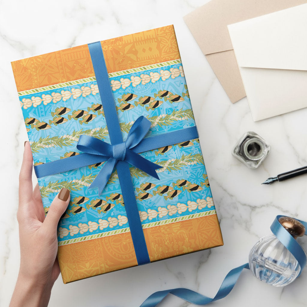 Hawaii Humuhumu Fish Maile Pikake Lei Wrapping Paper Tribal Tapa Orange Version