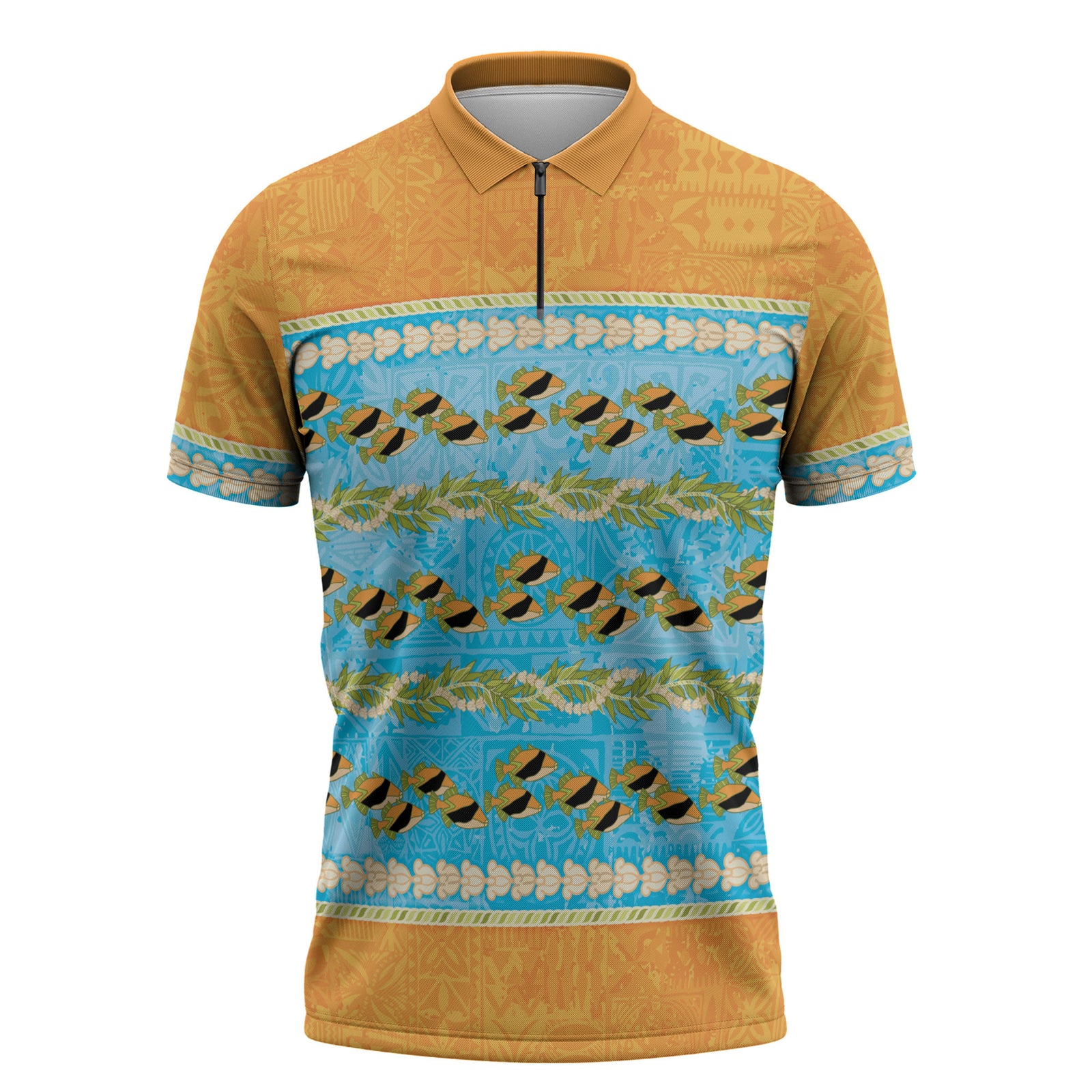 Hawaii Humuhumu Fish Maile Pikake Lei Zipper Polo Shirt Tribal Tapa Orange Version