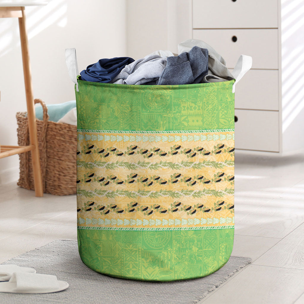 Hawaii Humuhumu Fish Maile Pikake Lei Laundry Basket Tribal Tapa Green Version