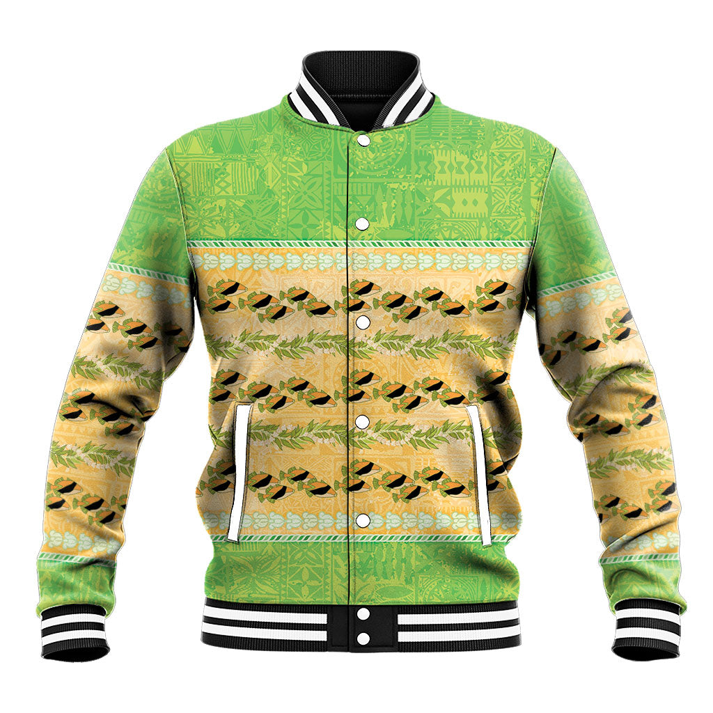 Hawaii Humuhumu Fish Maile Pikake Lei Baseball Jacket Tribal Tapa Green Version