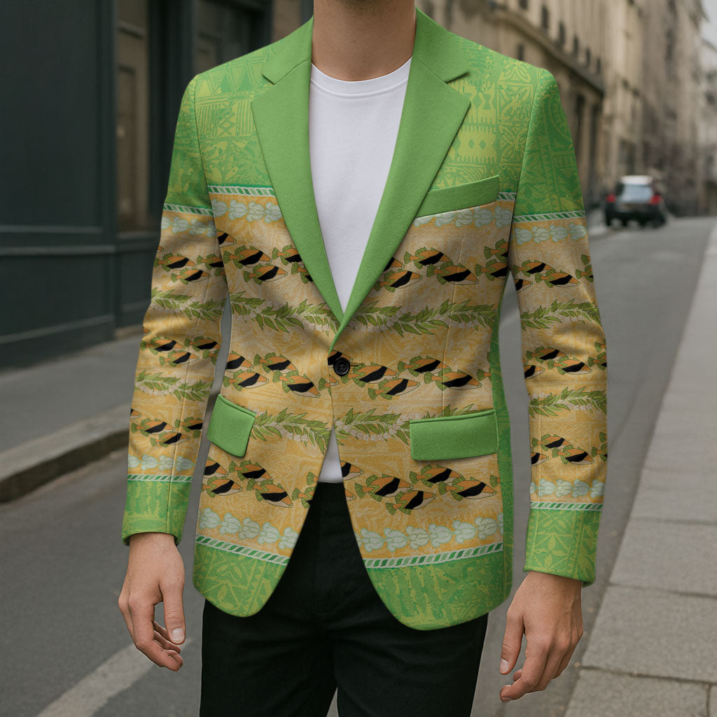 Hawaii Humuhumu Fish Maile Pikake Lei Blazer Tribal Tapa Green Version