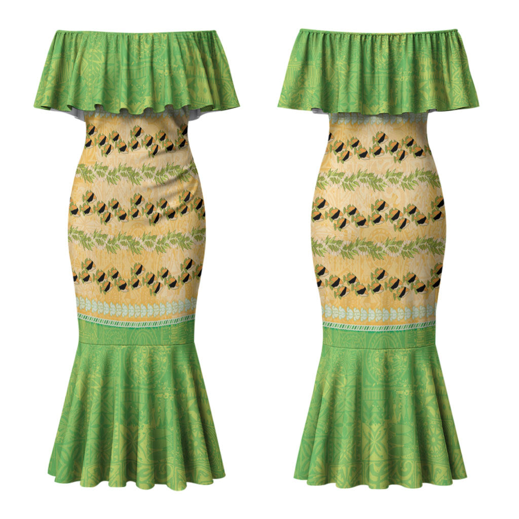 Hawaii Humuhumu Fish Maile Pikake Lei Couples Matching Mermaid Dress and Hawaiian Shirt Tribal Tapa Green Version