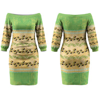 Hawaii Humuhumu Fish Maile Pikake Lei Couples Matching Off The Shoulder Long Sleeve Dress and Long Sleeve Button Shirt Tribal Tapa Green Version