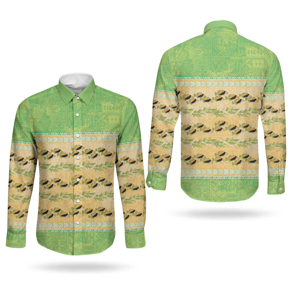 Hawaii Humuhumu Fish Maile Pikake Lei Couples Matching Puletasi and Long Sleeve Button Shirt Tribal Tapa Green Version