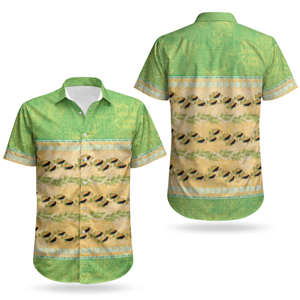 Hawaii Humuhumu Fish Maile Pikake Lei Couples Matching Short Sleeve Bodycon Dress and Hawaiian Shirt Tribal Tapa Green Version