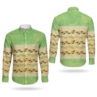 Hawaii Humuhumu Fish Maile Pikake Lei Couples Matching Tank Maxi Dress and Long Sleeve Button Shirt Tribal Tapa Green Version