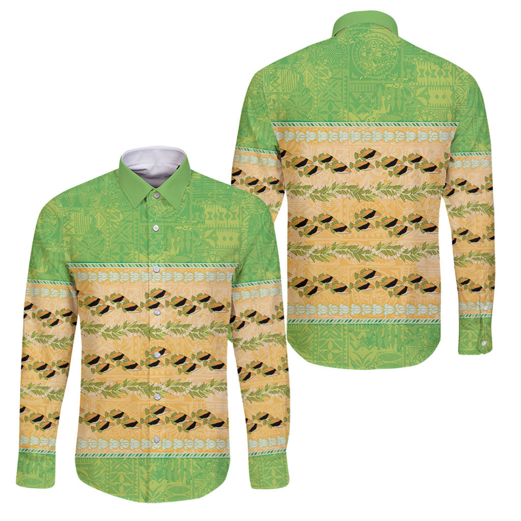 Hawaii Humuhumu Fish Maile Pikake Lei Family Matching Off The Shoulder Long Sleeve Dress and Hawaiian Shirt Tribal Tapa Green Version