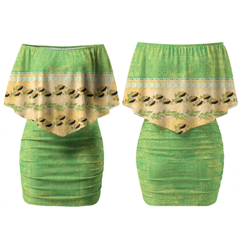 Hawaii Humuhumu Fish Maile Pikake Lei Family Matching Off Shoulder Short Dress and Hawaiian Shirt Tribal Tapa Green Version