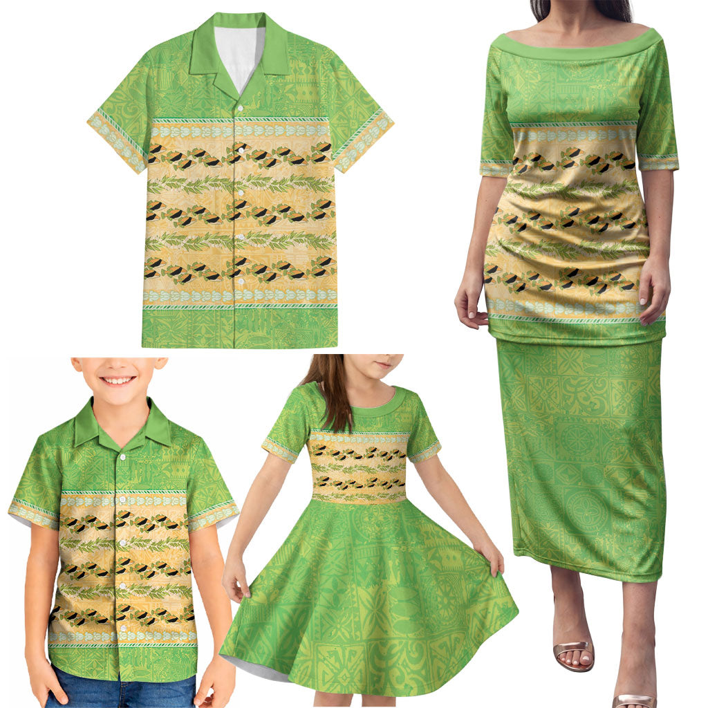 Hawaii Humuhumu Fish Maile Pikake Lei Family Matching Puletasi and Hawaiian Shirt Tribal Tapa Green Version