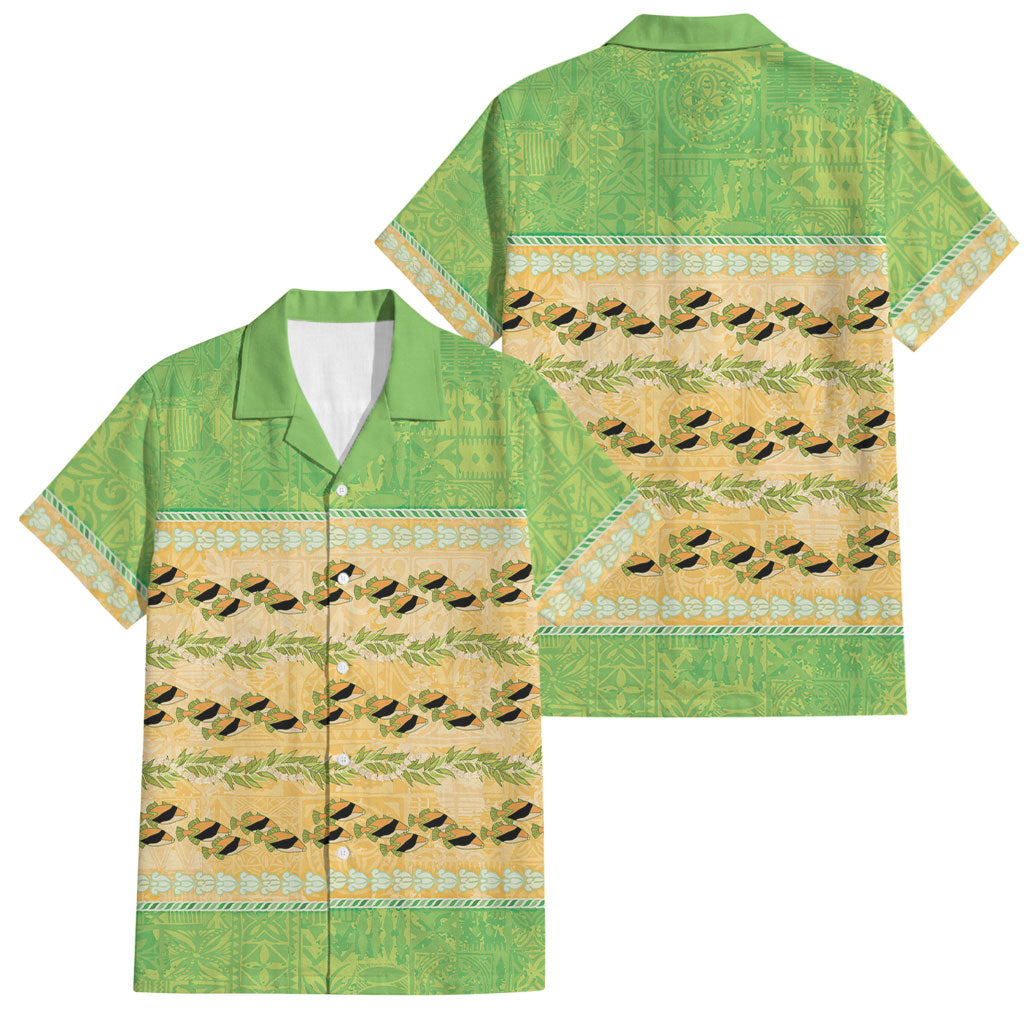 Hawaii Humuhumu Fish Maile Pikake Lei Family Matching Short Sleeve Bodycon Dress and Hawaiian Shirt Tribal Tapa Green Version