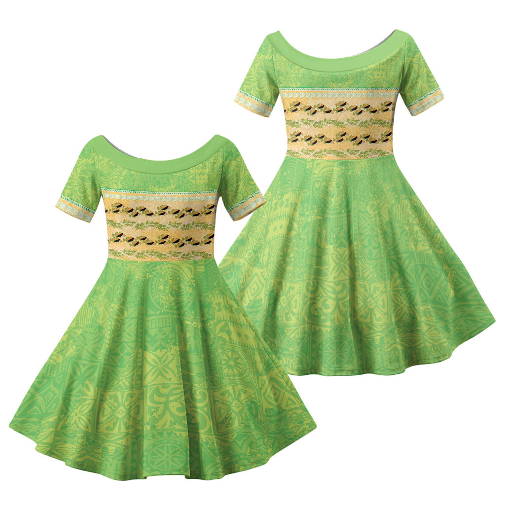 Hawaii Humuhumu Fish Maile Pikake Lei Family Matching Summer Maxi Dress and Hawaiian Shirt Tribal Tapa Green Version