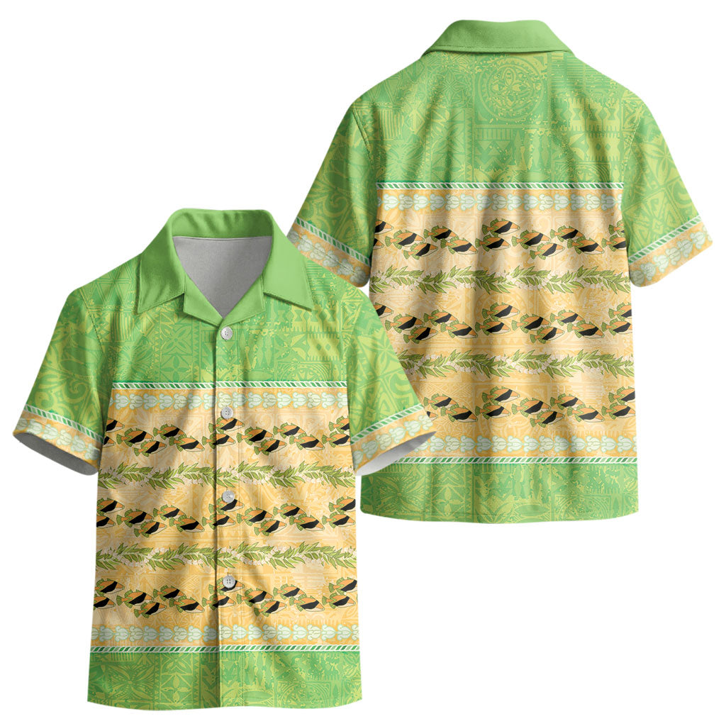 Hawaii Humuhumu Fish Maile Pikake Lei Kid Hawaiian Shirt Tribal Tapa Green Version