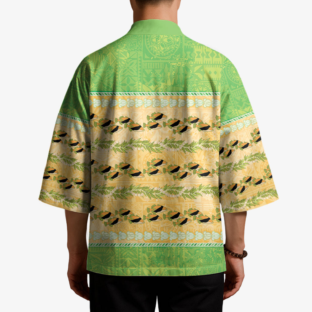 Hawaii Humuhumu Fish Maile Pikake Lei Kimono Tribal Tapa Green Version
