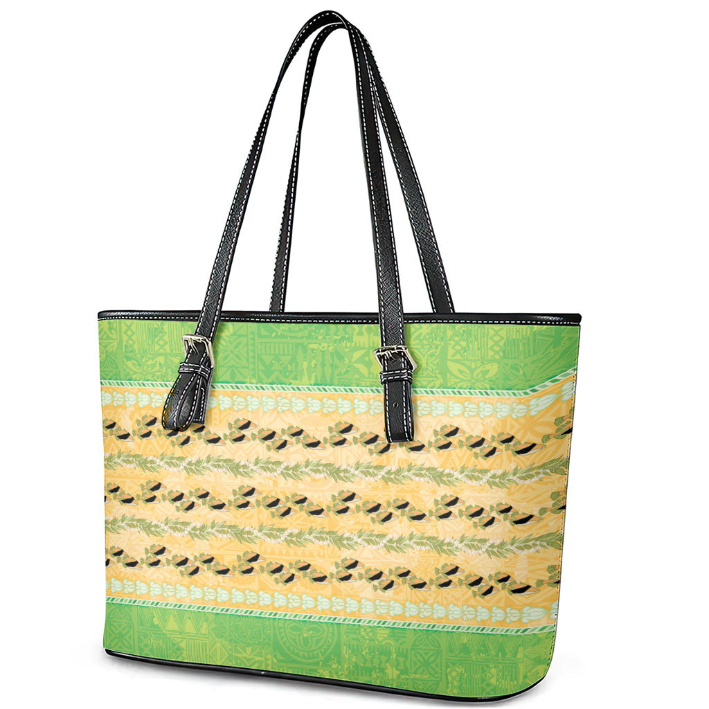Hawaii Humuhumu Fish Maile Pikake Lei Leather Tote Bag Tribal Tapa Green Version
