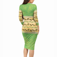 Hawaii Humuhumu Fish Maile Pikake Lei Long Sleeve Bodycon Dress Tribal Tapa Green Version
