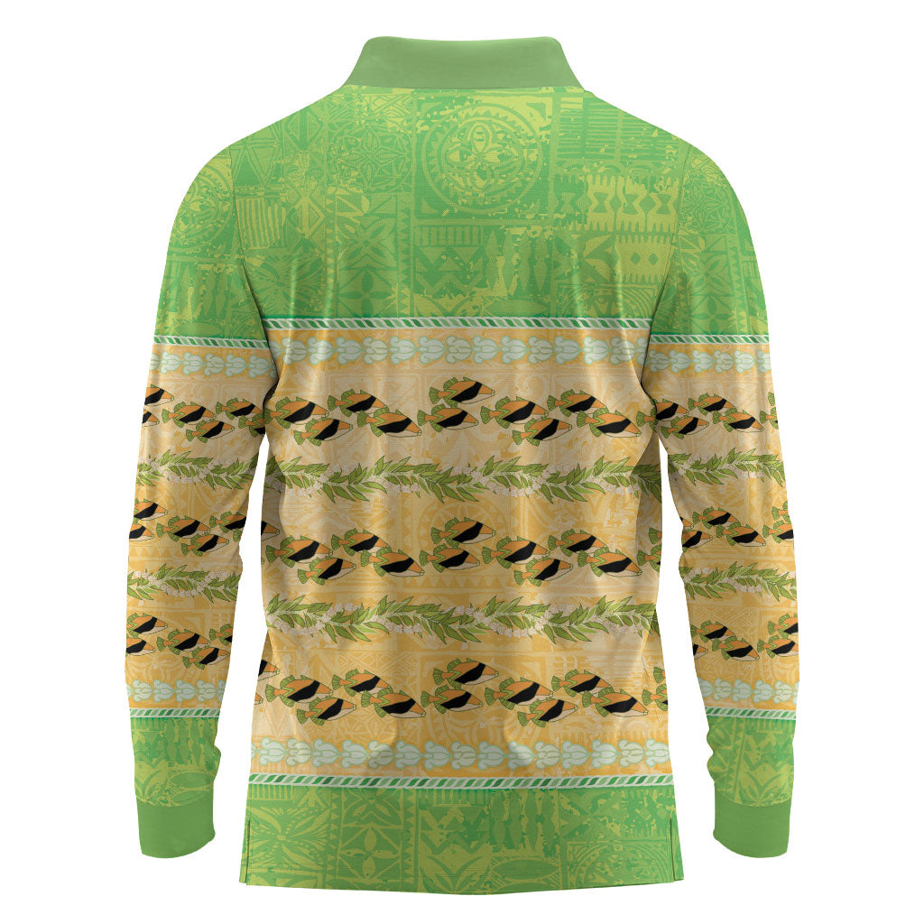 Hawaii Humuhumu Fish Maile Pikake Lei Long Sleeve Polo Shirt Tribal Tapa Green Version