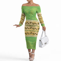 Hawaii Humuhumu Fish Maile Pikake Lei Off The Shoulder Long Sleeve Dress Tribal Tapa Green Version