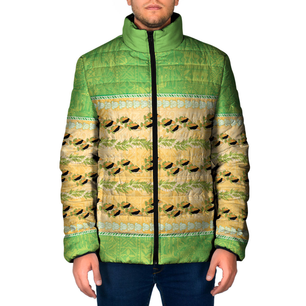 Hawaii Humuhumu Fish Maile Pikake Lei Padded Jacket Tribal Tapa Green Version