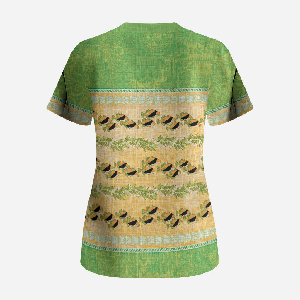 Hawaii Humuhumu Fish Maile Pikake Lei Scrub Top Tribal Tapa Green Version