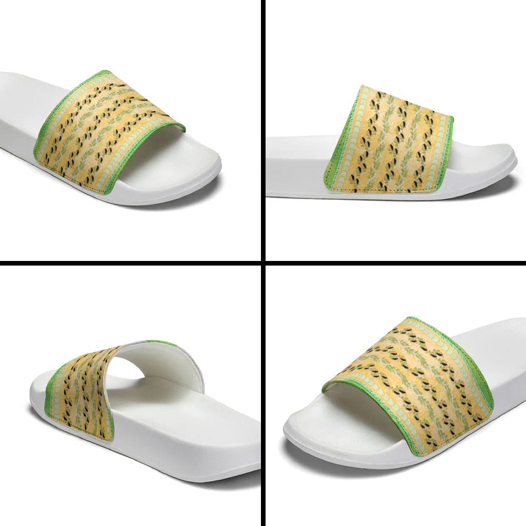 Hawaii Humuhumu Fish Maile Pikake Lei Slide Sandals Tribal Tapa Green Version
