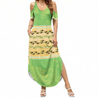 Hawaii Humuhumu Fish Maile Pikake Lei Summer Maxi Dress Tribal Tapa Green Version