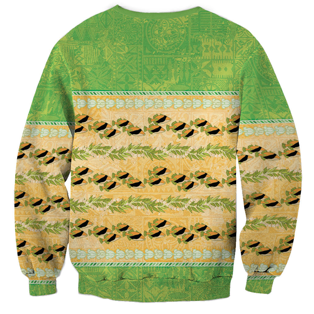 Hawaii Humuhumu Fish Maile Pikake Lei Sweatshirt Tribal Tapa Green Version