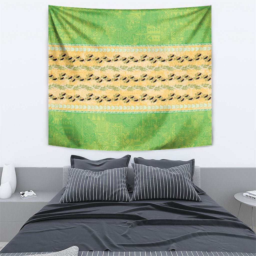 Hawaii Humuhumu Fish Maile Pikake Lei Tapestry Tribal Tapa Green Version