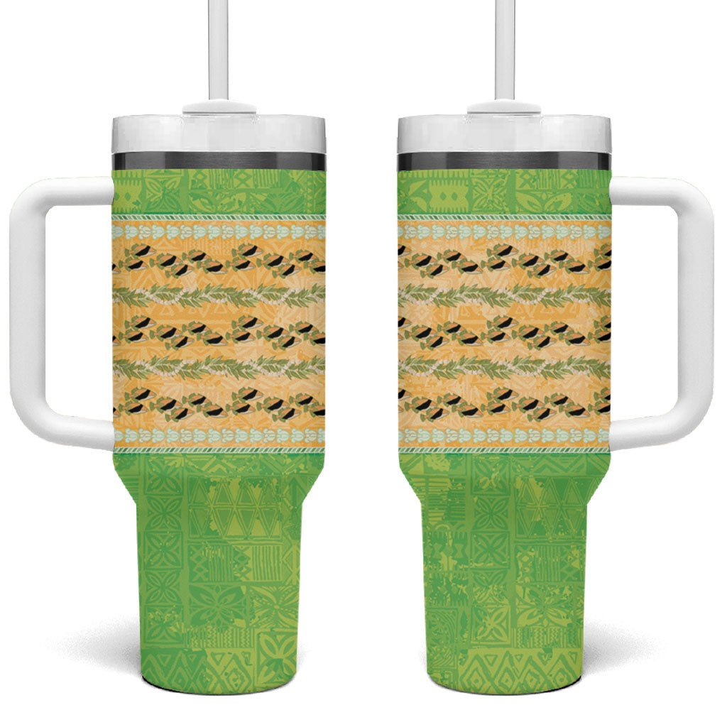 Hawaii Humuhumu Fish Maile Pikake Lei Tumbler With Handle Tribal Tapa Green Version