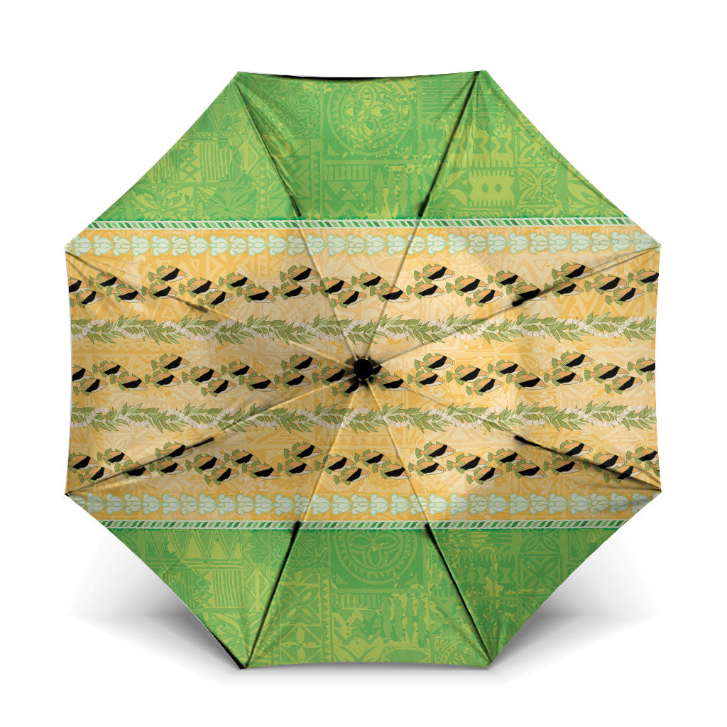 Hawaii Humuhumu Fish Maile Pikake Lei Umbrella Tribal Tapa Green Version