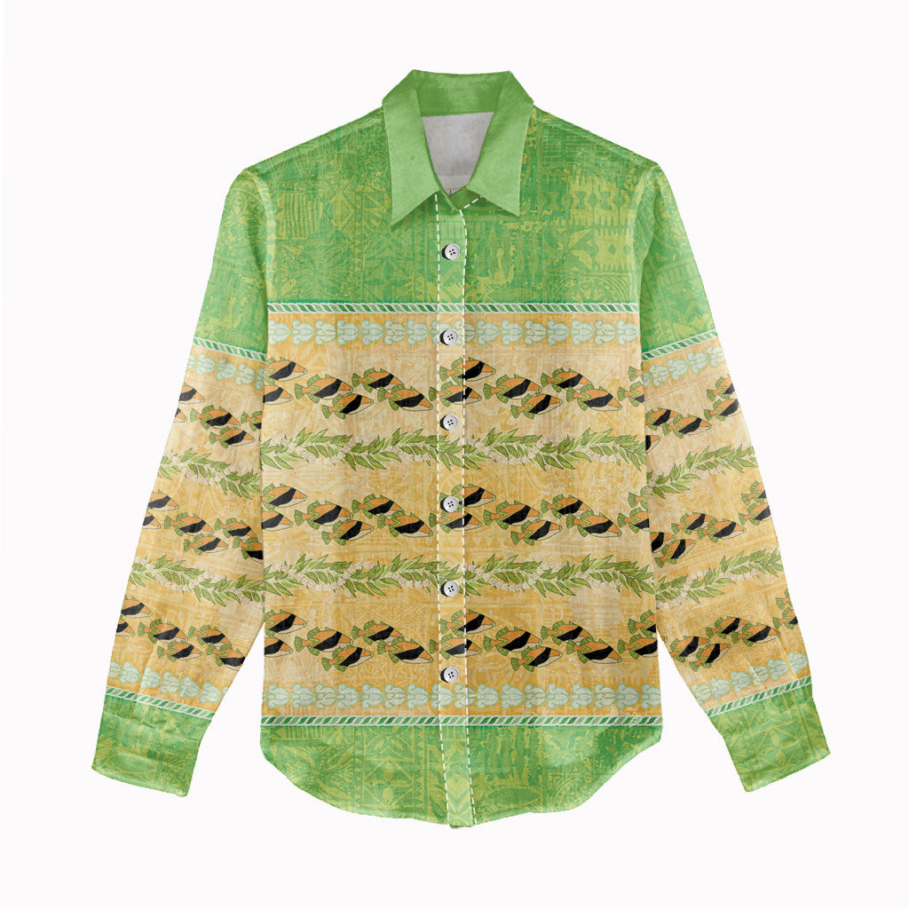 Hawaii Humuhumu Fish Maile Pikake Lei Women Casual Shirt Tribal Tapa Green Version
