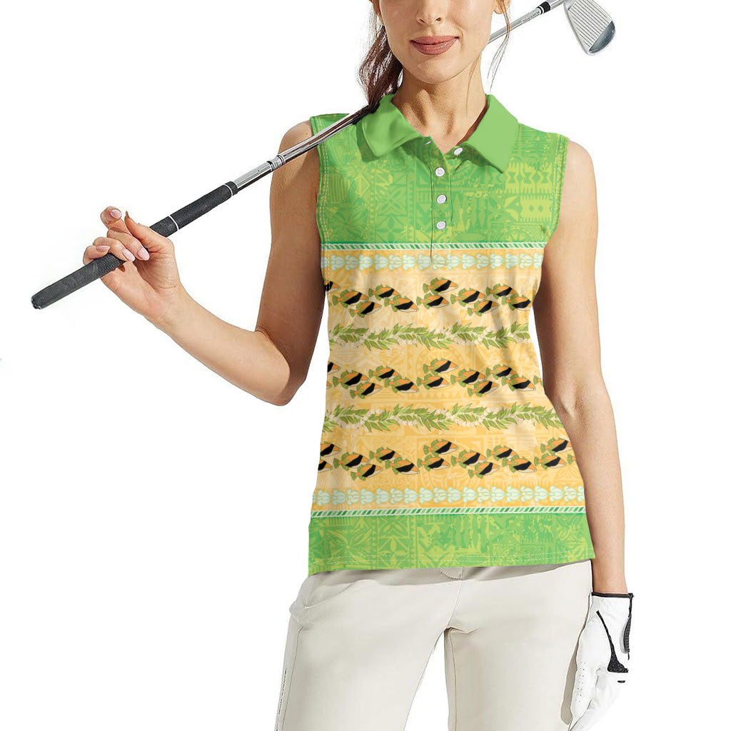 Hawaii Humuhumu Fish Maile Pikake Lei Women Sleeveless Polo Shirt Tribal Tapa Green Version