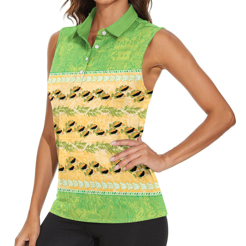 Hawaii Humuhumu Fish Maile Pikake Lei Women Sleeveless Polo Shirt Tribal Tapa Green Version