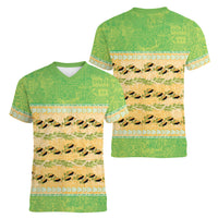 Hawaii Humuhumu Fish Maile Pikake Lei Women V-Neck T-Shirt Tribal Tapa Green Version