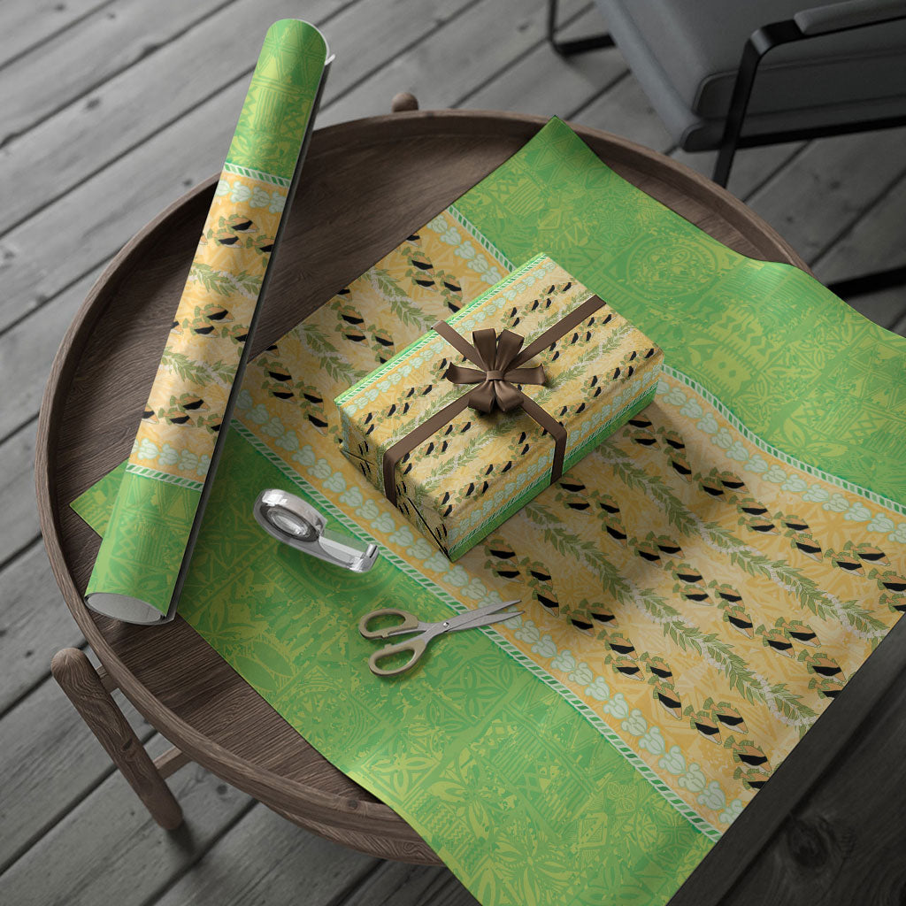 Hawaii Humuhumu Fish Maile Pikake Lei Wrapping Paper Tribal Tapa Green Version