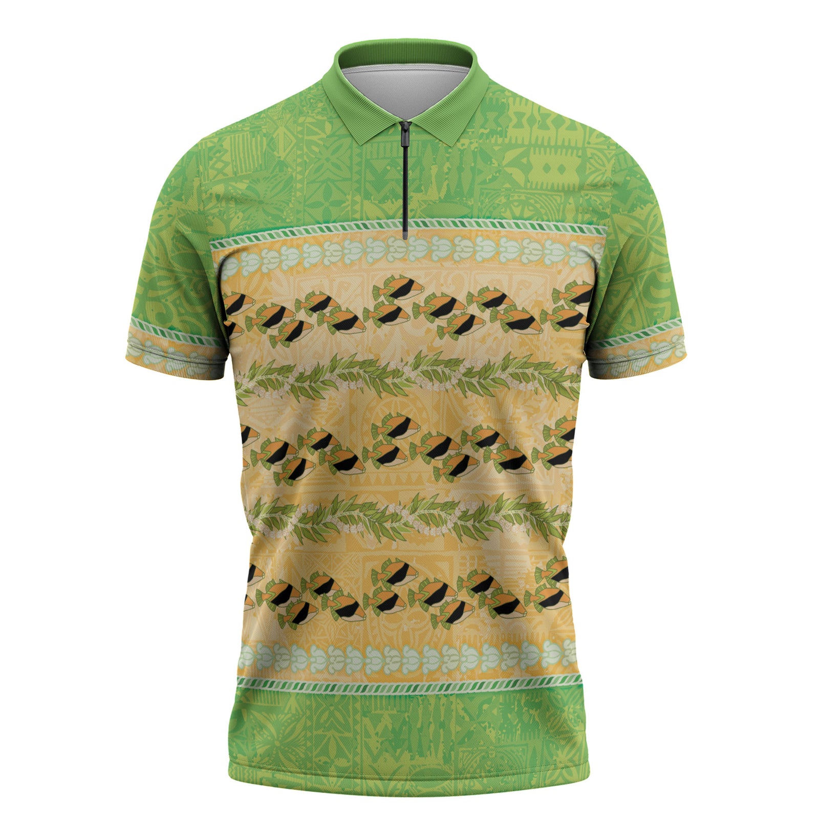 Hawaii Humuhumu Fish Maile Pikake Lei Zipper Polo Shirt Tribal Tapa Green Version