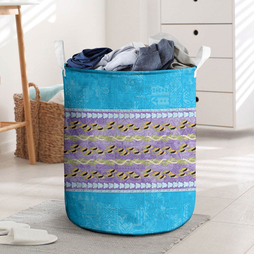 Hawaii Humuhumu Fish Maile Pikake Lei Laundry Basket Tribal Tapa Blue Version