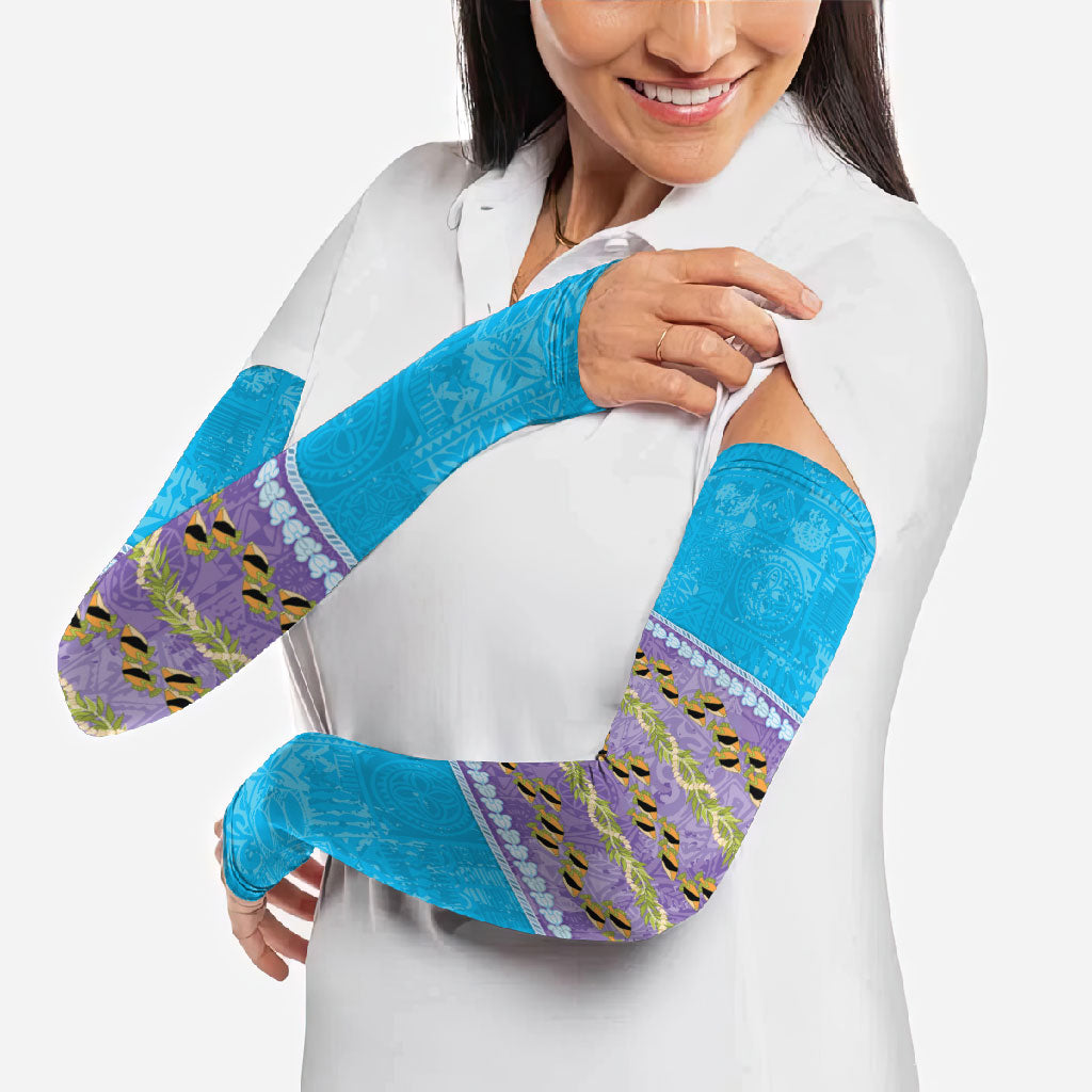 Hawaii Humuhumu Fish Maile Pikake Lei Arm Sleeves Tribal Tapa Blue Version