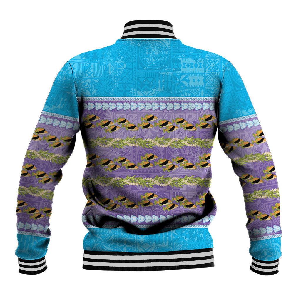 Hawaii Humuhumu Fish Maile Pikake Lei Baseball Jacket Tribal Tapa Blue Version