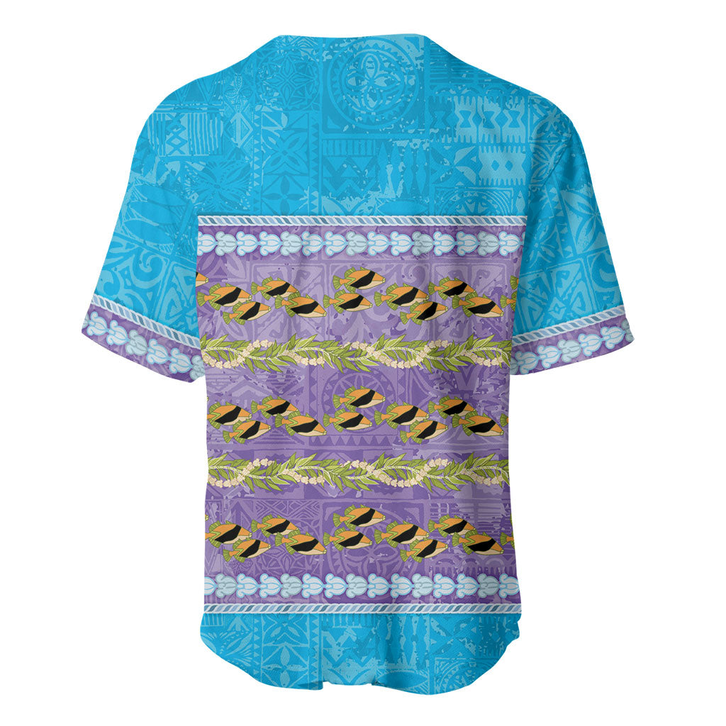 Hawaii Humuhumu Fish Maile Pikake Lei Baseball Jersey Tribal Tapa Blue Version