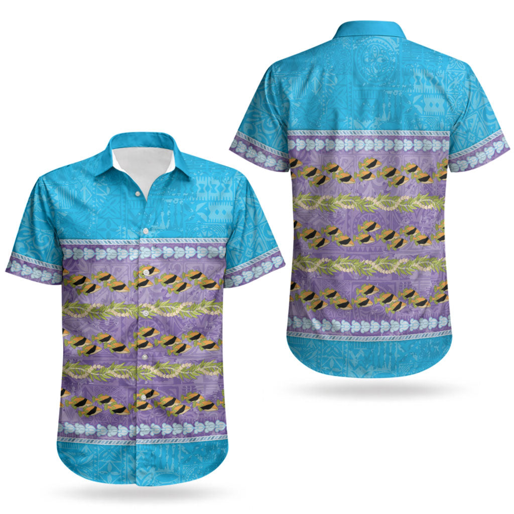 Hawaii Humuhumu Fish Maile Pikake Lei Couples Matching Long Sleeve Bodycon Dress and Hawaiian Shirt Tribal Tapa Blue Version