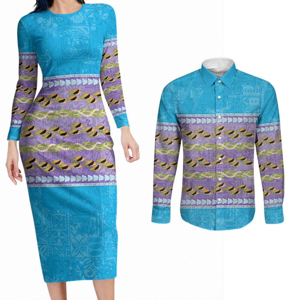 Hawaii Humuhumu Fish Maile Pikake Lei Couples Matching Long Sleeve Bodycon Dress and Long Sleeve Button Shirt Tribal Tapa Blue Version