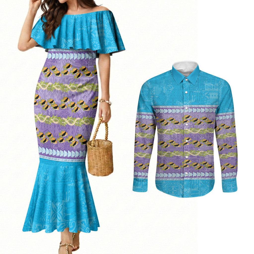 Hawaii Humuhumu Fish Maile Pikake Lei Couples Matching Mermaid Dress and Long Sleeve Button Shirt Tribal Tapa Blue Version