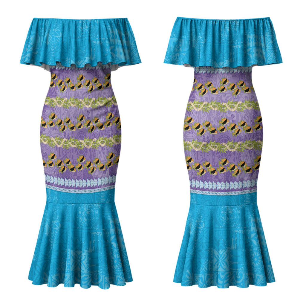 Hawaii Humuhumu Fish Maile Pikake Lei Couples Matching Mermaid Dress and Long Sleeve Button Shirt Tribal Tapa Blue Version